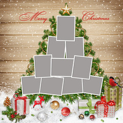 Frames, Christmas decorations and gifts on wooden background © glaz2