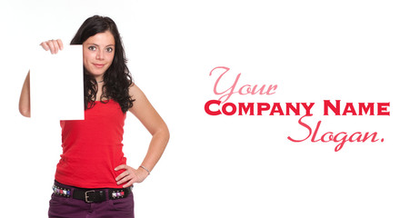 Young brunette in red holding a vertical blank paper