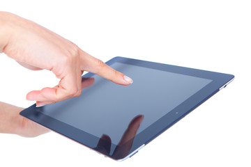 woman hands holding and point on modern electronic digital frame