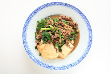 chinese food, mince pork and tofu stir fried 