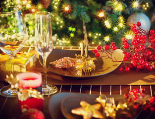 Fototapeta na wymiar Christmas And New Year Holiday Table Setting. Celebration