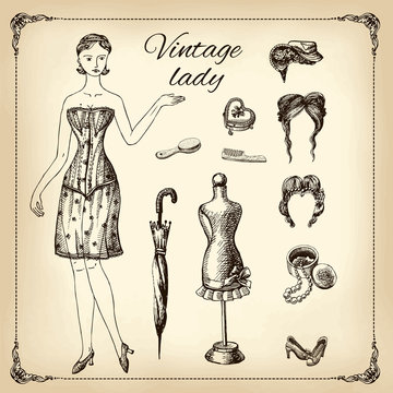 Vintage lady and her toilet articles, hand drawing, illustration