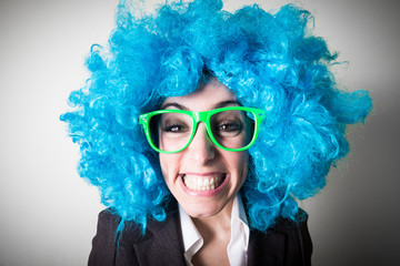 funny blu wig beautiful young businesswoman - obrazy, fototapety, plakaty