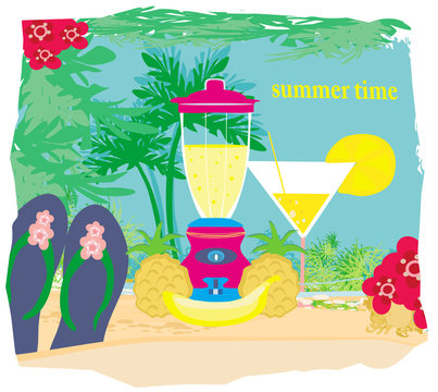 vector summer background with palm trees  and fruity drink