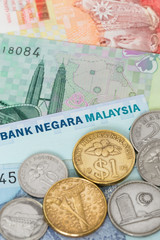 Malaysian money ringgit banknote and coins close-up