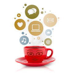 Coffee cup with social and media icons in colorful bubbles