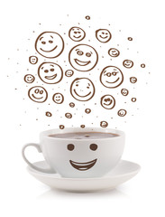 Coffee-cup with brown hand drawn happy smiley faces