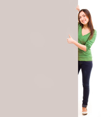 girl with placard. white background