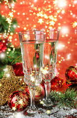 Composition with Christmas decorations and two champagne