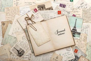 open empty diary book, old letters, french postcards