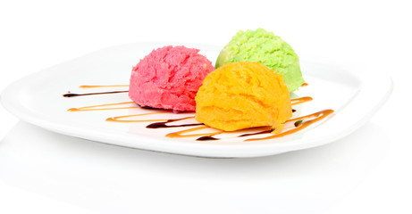 Delicious ice cream on plate isolated on white