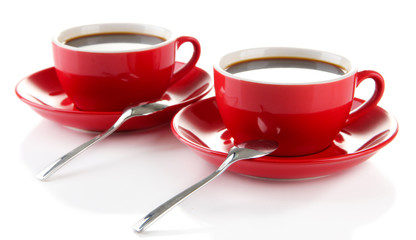 Red cups of strong coffee isolated on white
