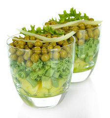 Tasty salad with fresh vegetables, isolated on white