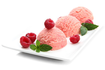 Delicious ice cream on plate isolated on white