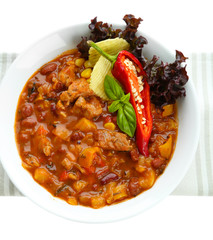 Chili Corn Carne - traditional mexican food, isolated on white