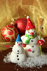 Beautiful snowmen and Christmas decor, on bright background