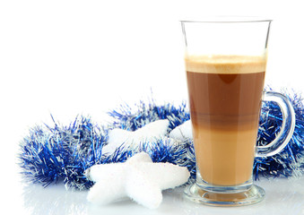 Cup of hot coffee with Christmas decorations isolated on white