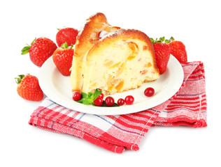 Slice of tasty homemade cake with berries, isolated on white