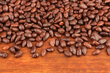 Sunflower grains in chocolate, on brown  wooden background