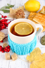 Cup of tea with lemon close up
