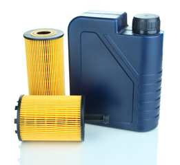 Motor oil canister and filters isolated on white