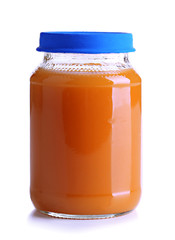 Baby food in glass jar, isolated on white