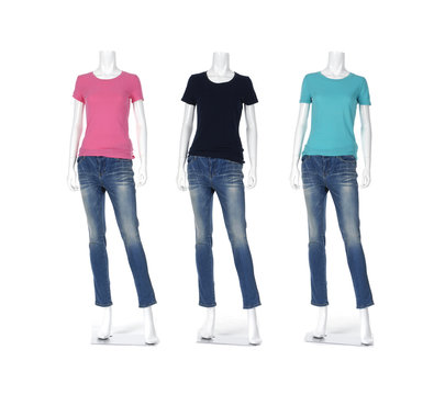 Three female shirt in jeans on mannequin isolated over white