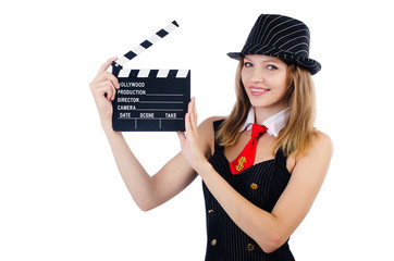 Woman gangster with movie board on white