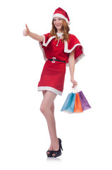 Young woman in red santa costume on white