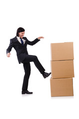 Funny man with boxes on white