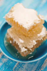 Close-up of fresh honeycomb slices in a saucer, studio shot