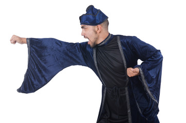 Old martial arts master in blue kimono on white