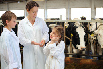 Obraz premium Mother, son and little daughter talk in stall with many cows.