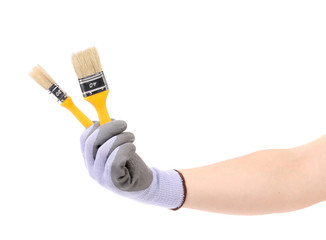 Hand in gloves holds brush.