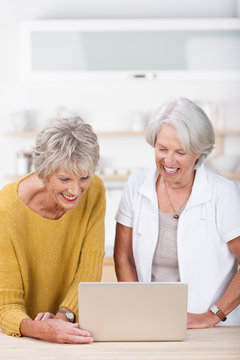 zwei seniorinnen in der küche schauen auf laptop