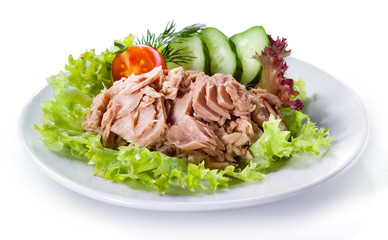 Canned tuna with vegetable salad isolated