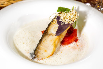 Roasted fillet of grilled fish in a white sauce