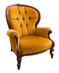 Antique yellow vintage armchair isolated on white background