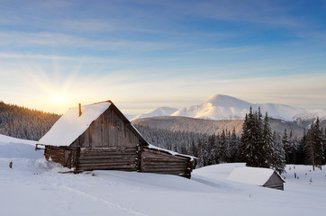 Cabin in the mountains in winter