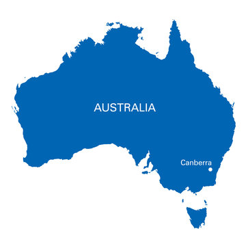 blue map of Australia with the position of Canberra