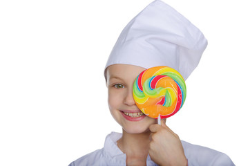 Smiling chef closed eye lollipop isolated on white