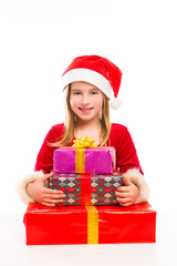 Christmas Santa kid girl happy excited with ribbon gifts