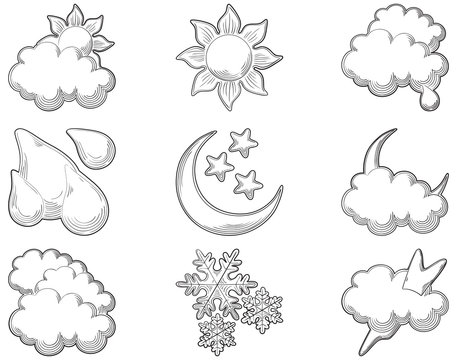 vector set of icons for weather at engraving style