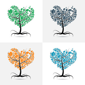 Vector heart shaped tree with roots set