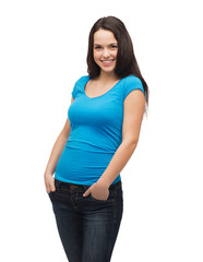 smiling girl in blank blue t-shirt