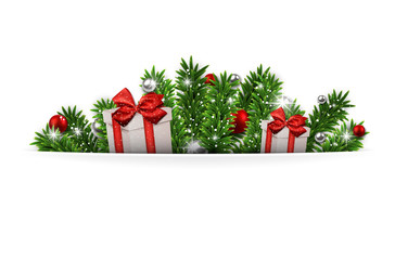 Christmas background with fir branches gift boxes.