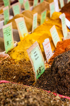 Spices on display in open market in Israel.