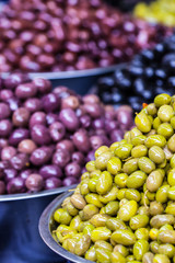 Assortment of olives on market,Tel Aviv,Israel