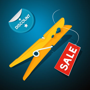 Discount Label, Orange Peg, Sale Tag On Blue Background