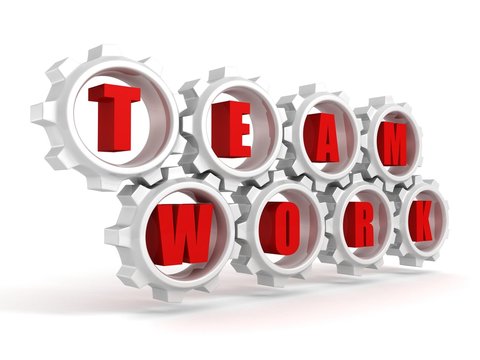 teamwork concept text letters connected gears wheels